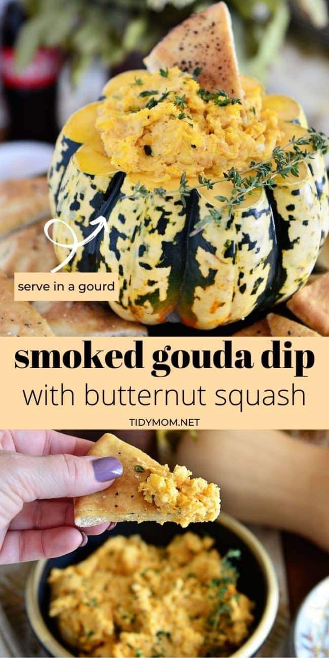 gouda cheese dip in a gourd and bowl