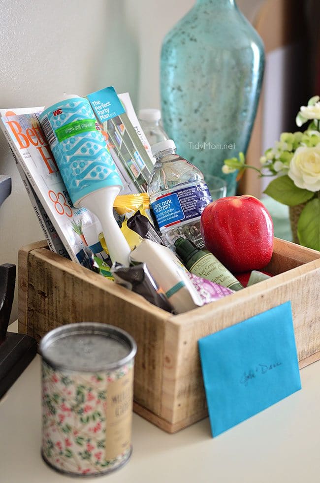 Make a Welcome Basket for overnight house guests. Provide your guests with a small basket of things they might need as well as snacks and bottled water for their room.