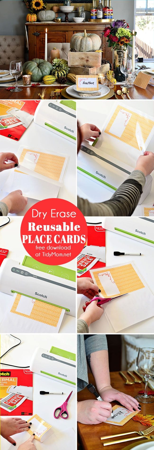 DIY Laminated Place Cards . Free printable at TidyMom.net Perfect for Thanksgiving Christmas or any time of year. Use a dry erase marker and you can use them over and over again!