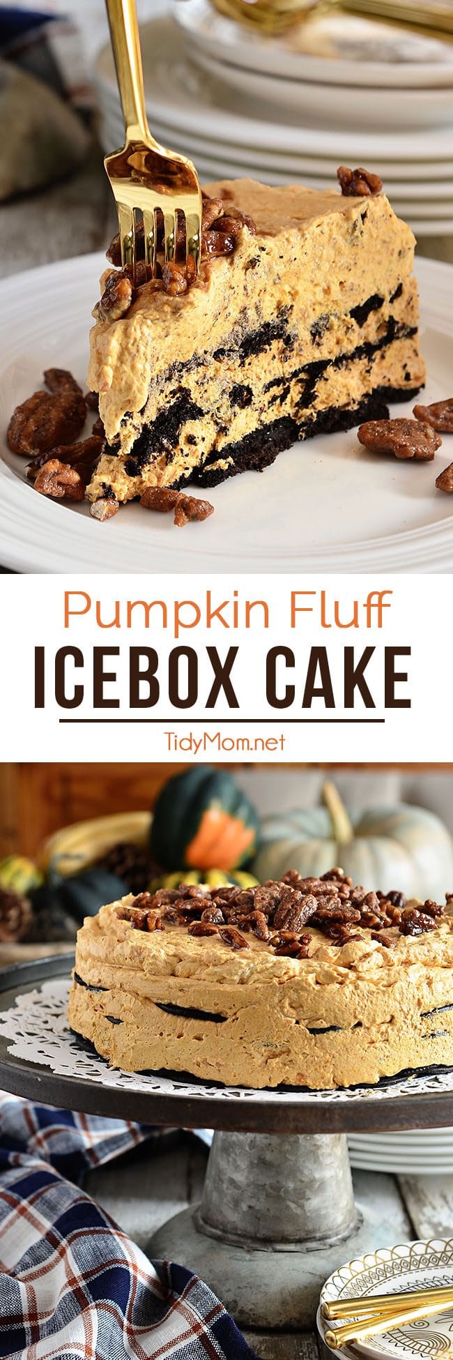 Pumpkin Fluff Icebox Cake is a delicious no-bake dessert that comes together in no time. Making it the perfect make-ahead dessert for Thanksgiving dinner. Get this all-star, easy-to-follow recipe at TidyMom.net