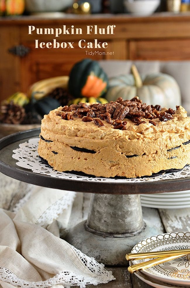 Pumpkin Fluff Icebox Cake is a delicious no-bake dessert that comes together in no time. Making it the perfect make-ahead dessert for Thanksgiving dinner. Get this all-star, easy-to-follow recipe at TidyMom.net