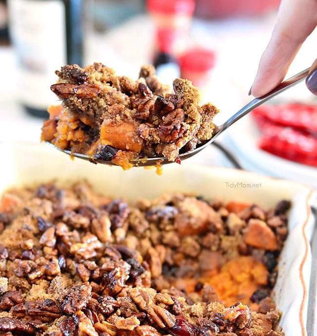 Roasted Sweet Potatoes with Cinnamon Pecan Crunch recipe at TidyMom.net