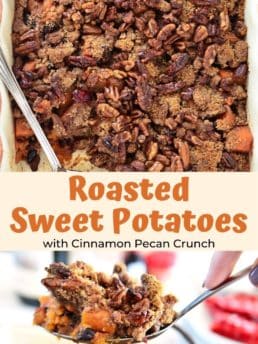 sweet potato casserole in a baking dish and on a spoon