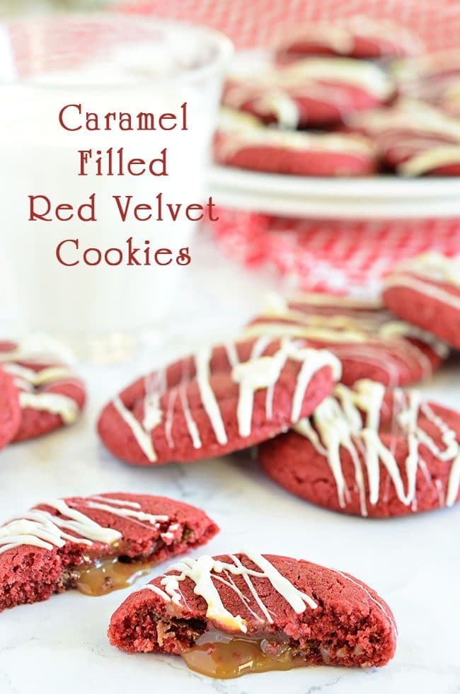 Your favorite sugar cookie dough is quickly transformed into gorgeous red velvet cookies stuffed with a caramel surprise and topped with a drizzle of white chocolate.easy recipe at TidyMom.net