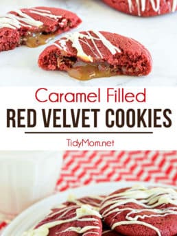 Your favorite sugar cookie dough is quickly transformed into gorgeous red velvet cookies stuffed with a caramel surprise and topped with a drizzle of white chocolate.easy recipe at TidyMom.net