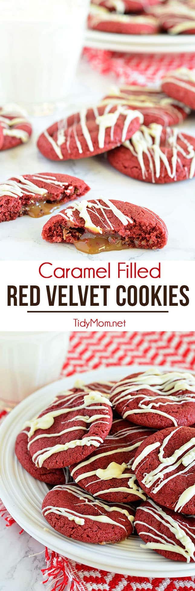 Your favorite sugar cookie dough is quickly transformed into gorgeous red velvet cookies stuffed with a caramel surprise and topped with a drizzle of white chocolate. Easy Caramel Filled Red Velvet Cookies recipe at TidyMom.net