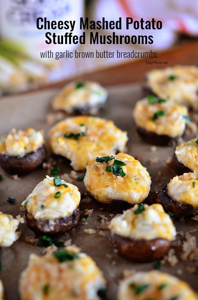 Cheesy Mashed Potato Stuffed Mushrooms with Garlic Brown Butter Breadcrumbs. Appetizer recipe at TidyMom.net