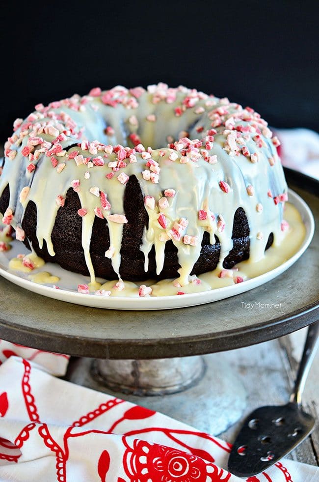 Chocolate Peppermint Brownie Cake uses a box cake mix + brownie mix! Easy recipe at TidyMom.net