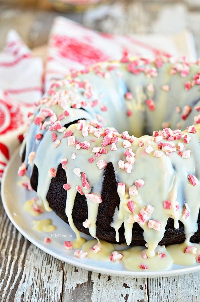 Chocolate Peppermint Brownie Cake uses a box cake mix + brownie mix! Easy recipe at TidyMom.net