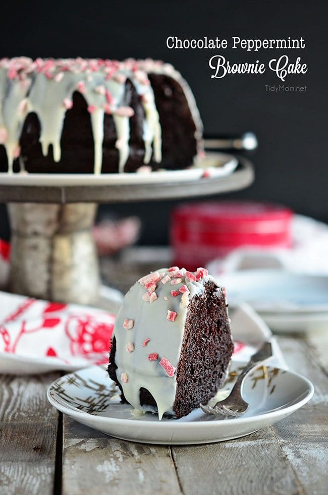 Chocolate Peppermint Brownie Cake uses a box cake mix + brownie mix! Easy recipe at TidyMom.net