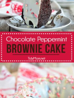 Chocolate Peppermint Brownie Cake uses a box cake mix + brownie mix! Easy recipe at TidyMom.net