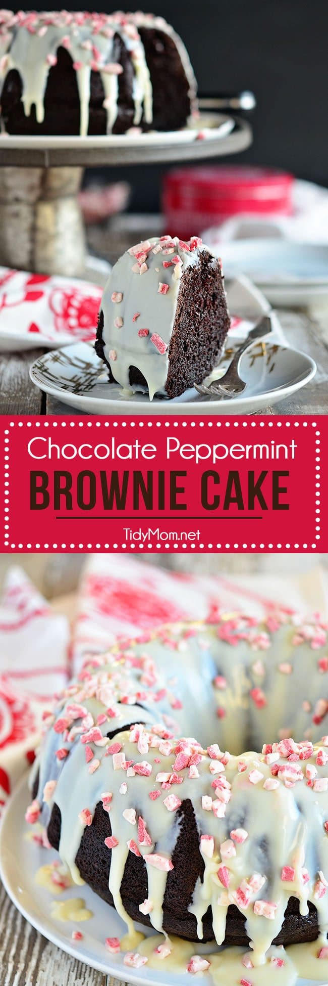 Chocolate Peppermint Brownie Cake uses a box cake mix + brownie mix! Easy recipe at TidyMom.net