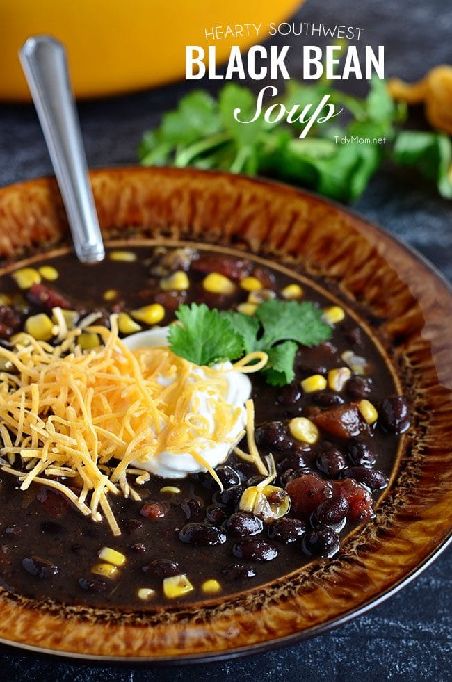 This Hearty Southwest Black Bean Soup is full of flavor, you’ll never miss the meat! Ready for the table in 30 minutes, but it’s even better the next day!! Get the easy recipe at TidyMom.net