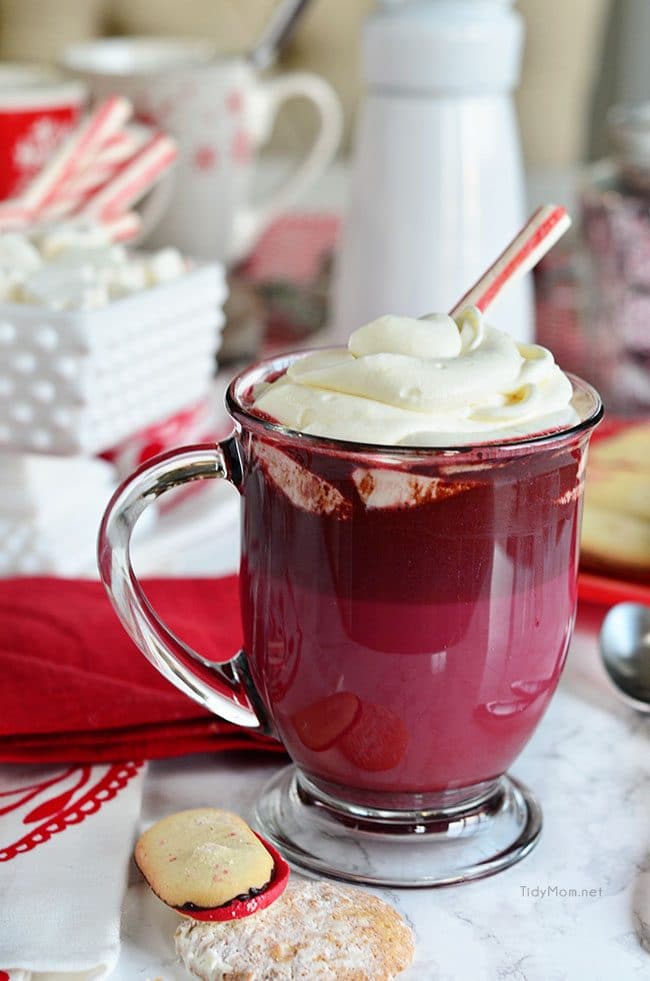 Red Velvet Hot Chocolate with Cream Cheese Whipped Cream is so easy to make at home. find the recipe at TidyMom.net