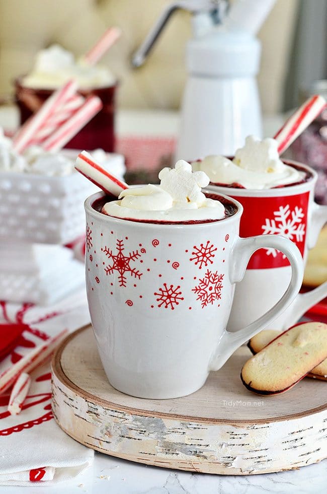 Red Velvet Hot Chocolate in snowflake mugs