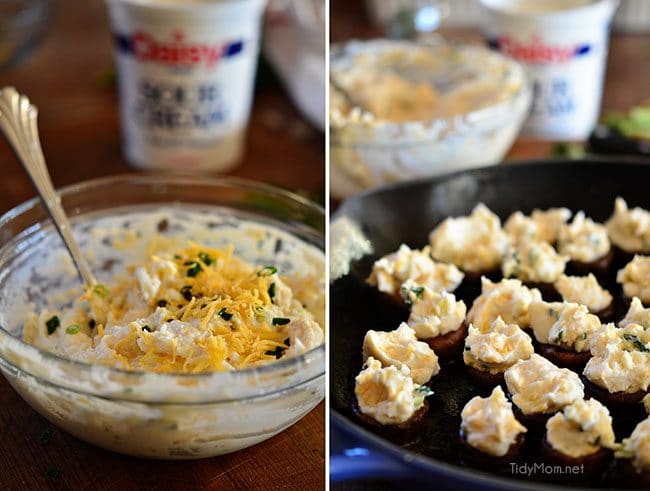 Cheesy Mashed Potato Stuffed Mushrooms with Garlic Brown Butter Breadcrumbs. Appetizer recipe at TidyMom.net