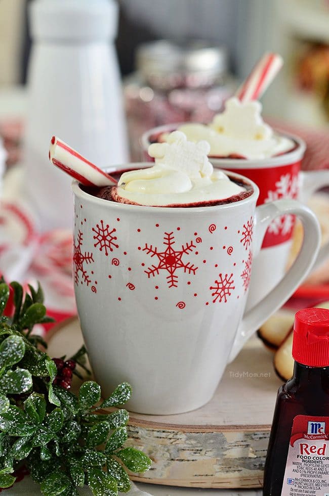 Red Velvet Hot Chocolate with Cream Cheese Whipped Cream in snowflake mugs