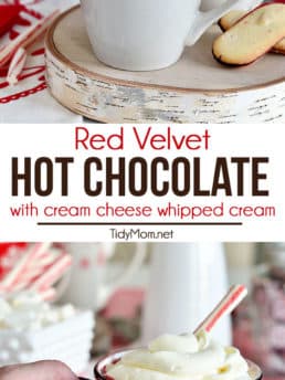 Red Velvet Hot Chocolate with Cream Cheese Whipped Cream is so easy to make at home. find the recipe at TidyMom.net