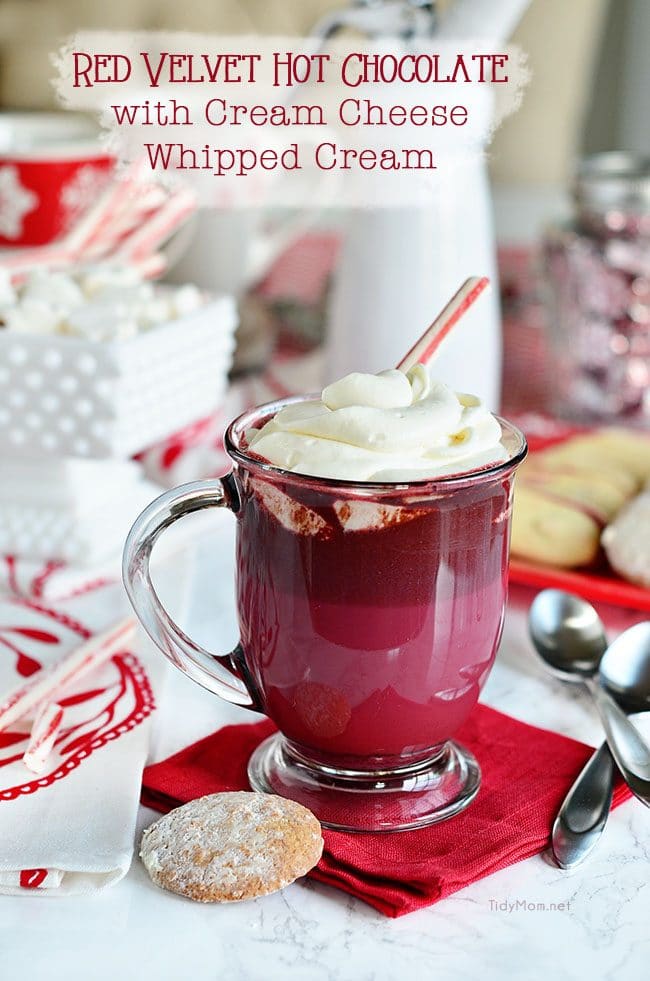 Red Velvet Hot Chocolate with Cream Cheese Whipped Cream is so easy to make at home. find the recipe at TidyMom.net