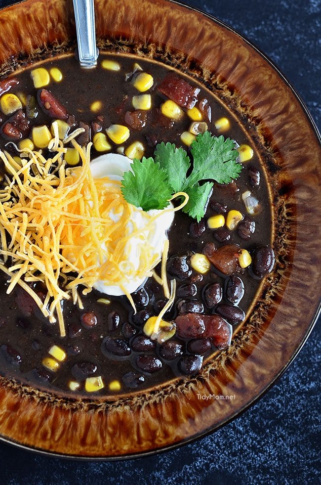 This Hearty Southwest Black Bean Soup is full of flavor, you’ll never miss the meat! Ready for the table in 30 minutes, but it’s even better the next day!! Get the easy recipe at TidyMom.net