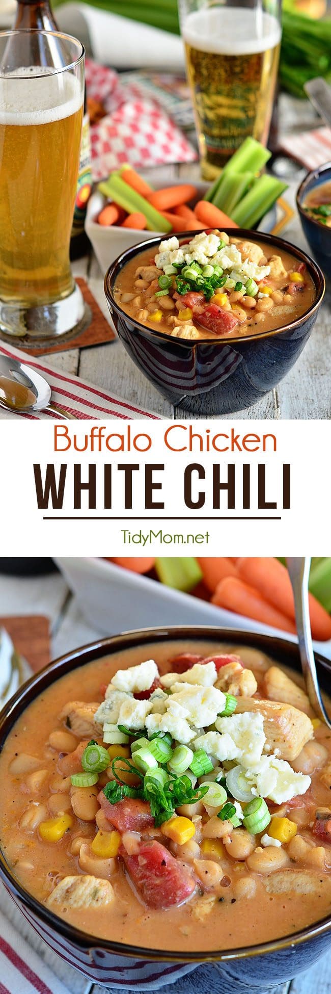 This easy Buffalo Chicken White Chili recipe is a keeper! It has a nice mild heat from the buffalo sauce and fire roasted tomatoes, while the sweet corn, Bush's White Chili Beans and ranch dressing mix really make this chili something special. The chili is creamy, rich and bold. Fills you up and keeps you warm. It earns a spot in our dinner rotation. Get the recipe at TidyMom.net