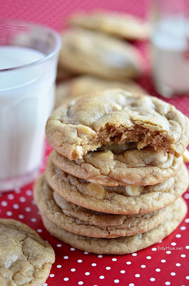 a stack of sugar doodle cookies on a red polkadot background