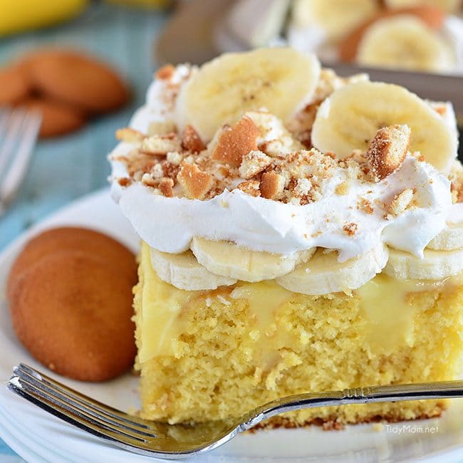 close up of a piece of Banana Pudding Poke Cake 