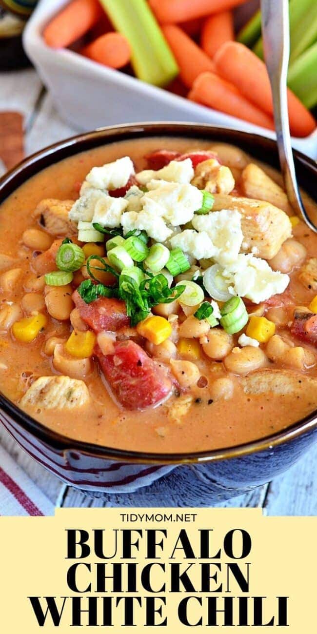 white chicken chili in a blue bowl