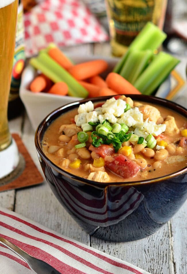 Buffalo Chicken White Bean Chili in a blue bowl