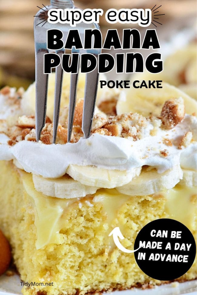 slice of banana pudding poke cake with a fork piercing the cake