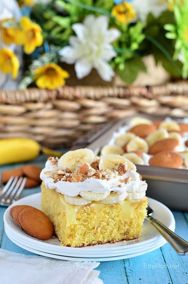 Banana Pudding Poke Cake on a plate with a fork