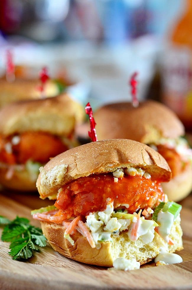 Beer Battered Buffalo Shrimp Sliders recipe at TidyMom.net