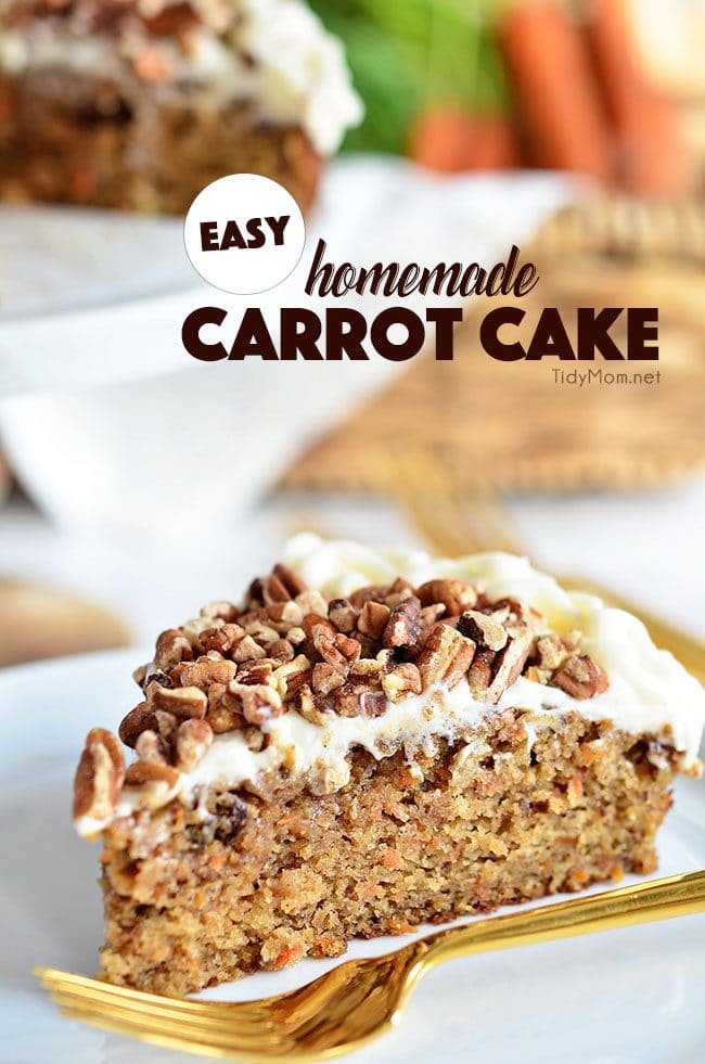 slice of carrot cake with gold fork