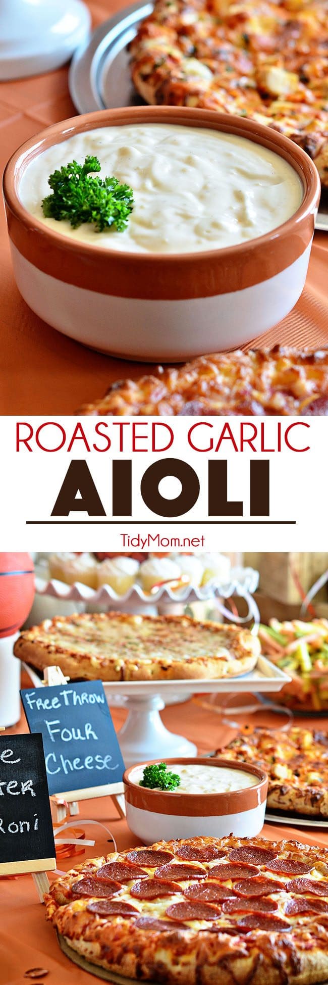 Serve ROASTED GARLIC AIOLI along side, pizza, french fries, veggies and so much more! Aioli recipe and basketball pizza party details at TidyMom.net