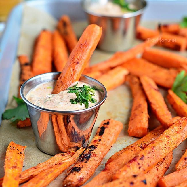 Seasoned Grilled Carrots make a wonderful side dish or snack when served with Chipotle Lime Dip. Print the recipe at TidyMom.net