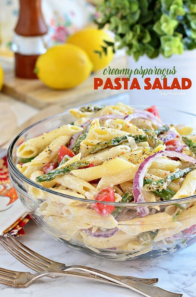 Creamy Asparagus Pasta Salad comes with an extra punch of flavor from fresh lemon juice and makes a perfect spring side dish. Add grilled chicken and it could be a meal all on it’s own. Recipe at TidyMom.net