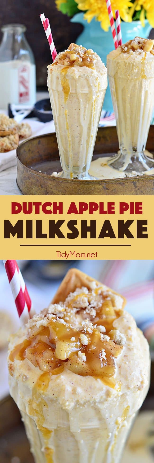 No plate and fork needed for this apple pie a la mode! A cool and creamy DUTCH APPLE PIE MILKSHAKE is the perfect blend of creamy vanilla ice cream, apple pie filling, and crumb topping. Recipe at Tidymom.net