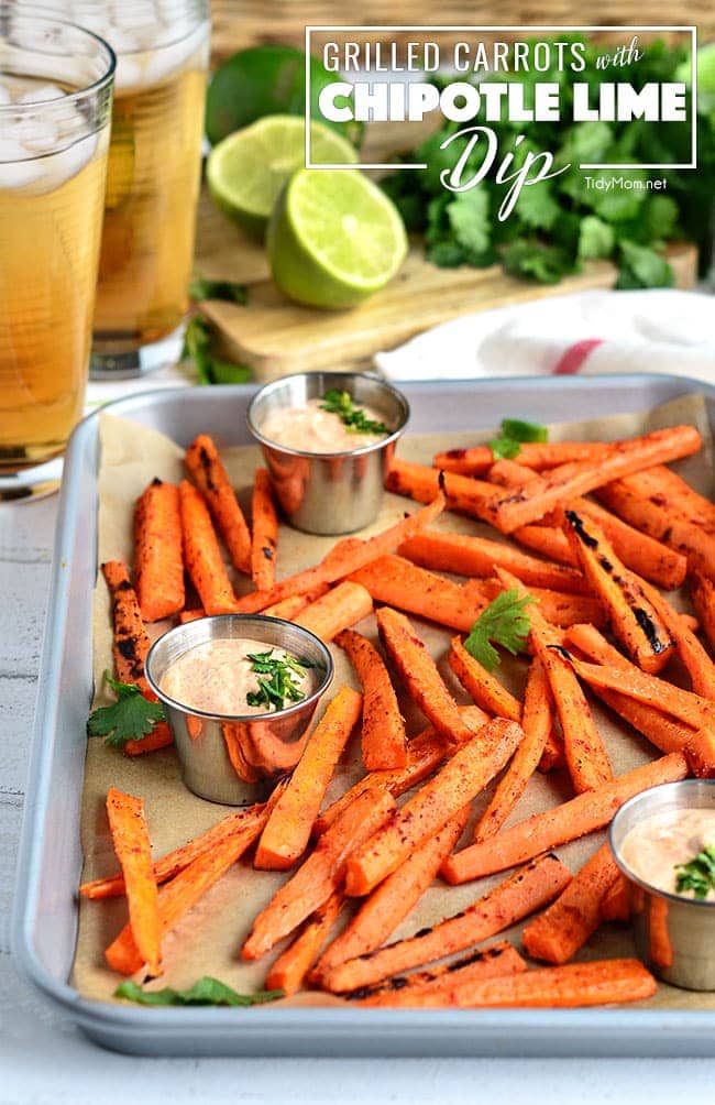 Seasoned Grilled Carrots make a wonderful side dish or snack when served with Chipotle Lime Dip. Print the recipe at TidyMom.net