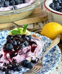 Blueberry Yogurt Pie is the perfect dessert for summer! This pie starts off with a simple shortbread crust filled filled with yogurt and blueberries then topped off with lemon blueberry fruit spread.