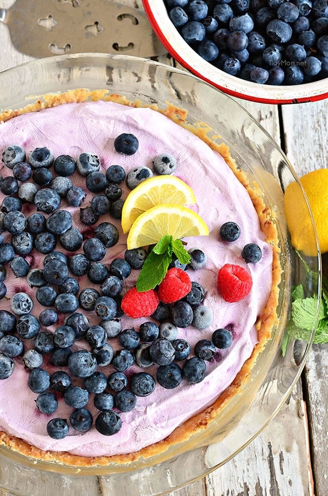 Blueberry Yogurt Pie is perfect for summer, or any time of year! With a shortbread crust filled with lemon zest filled with greek yogurt and blueberries it wont last long! 