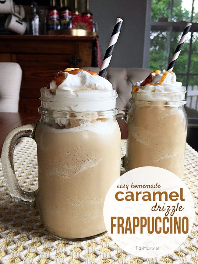 Homemade Caramel Drizzle Fappuccino is so easy to make at home and much cheaper than hitting up the coffee shops! get the recipe and directions for this frappuccino at TidyMom.net