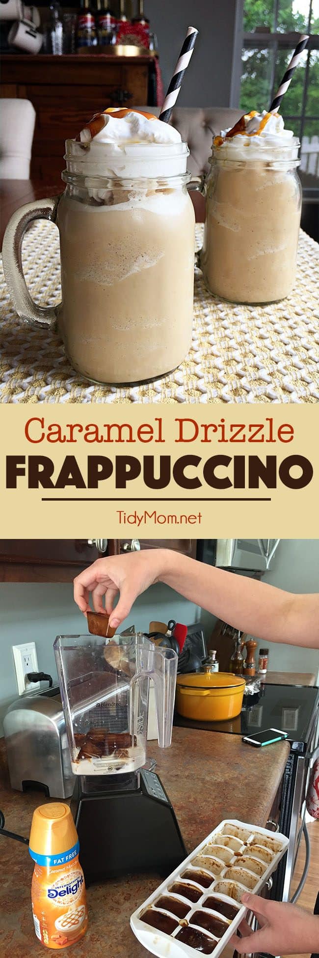 Homemade Caramel Drizzle Fappuccino is so easy to make at home and much cheaper than hitting up the coffee shops! get the recipe and directions for this frappuccino at TidyMom.net