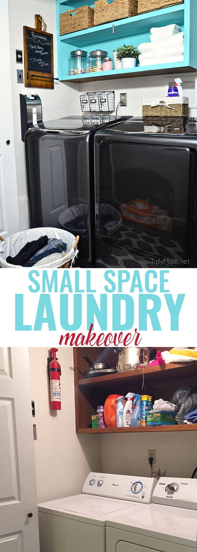 From drap to fab small space laundry makeover! a little fresh paint, organization accessories and Samsung activewash Washer and Dryer give this small laundry closet a fun facelift! A real laundry room with practical ideas at TidyMom.net