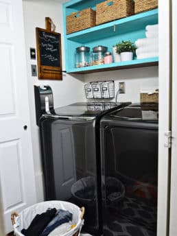 Drab to fab small space laundry makeover! a little fresh paint, organization accessories and Samsung activewash Washer and Dryer give this small laundry closet a fun facelift! A real laundry room with practical ideas at TidyMom.net
