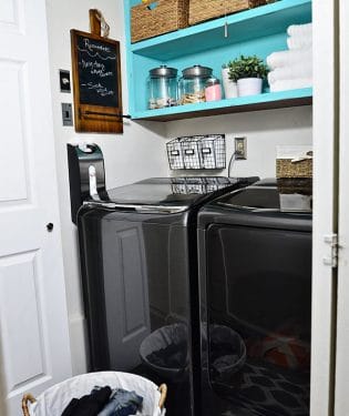 Drab to fab small space laundry makeover! a little fresh paint, organization accessories and Samsung activewash Washer and Dryer give this small laundry closet a fun facelift! A real laundry room with practical ideas at TidyMom.net