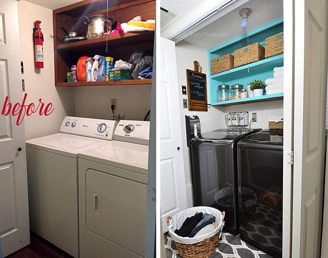 From drap to fab small space laundry makeover! a little fresh paint, organization accessories and Samsung activewash Washer and Dryer give this small laundry closet a fun facelift! A real laundry room with practical ideas at TidyMom.net