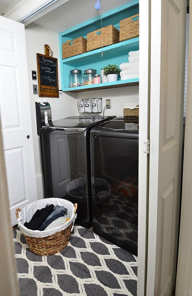 Drab to fab small space laundry makeover! a little fresh paint, organization accessories and Samsung activewash Washer and Dryer give this small laundry closet a fun facelift! A real laundry room with practical ideas at TidyMom.net