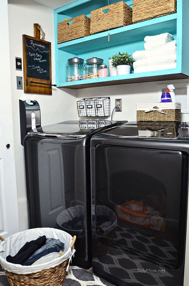 Drab to fab small space laundry makeover! a little fresh paint, organization accessories and Samsung activewash Washer and Dryer give this small laundry closet a fun facelift! A real laundry room with practical ideas at TidyMom.net