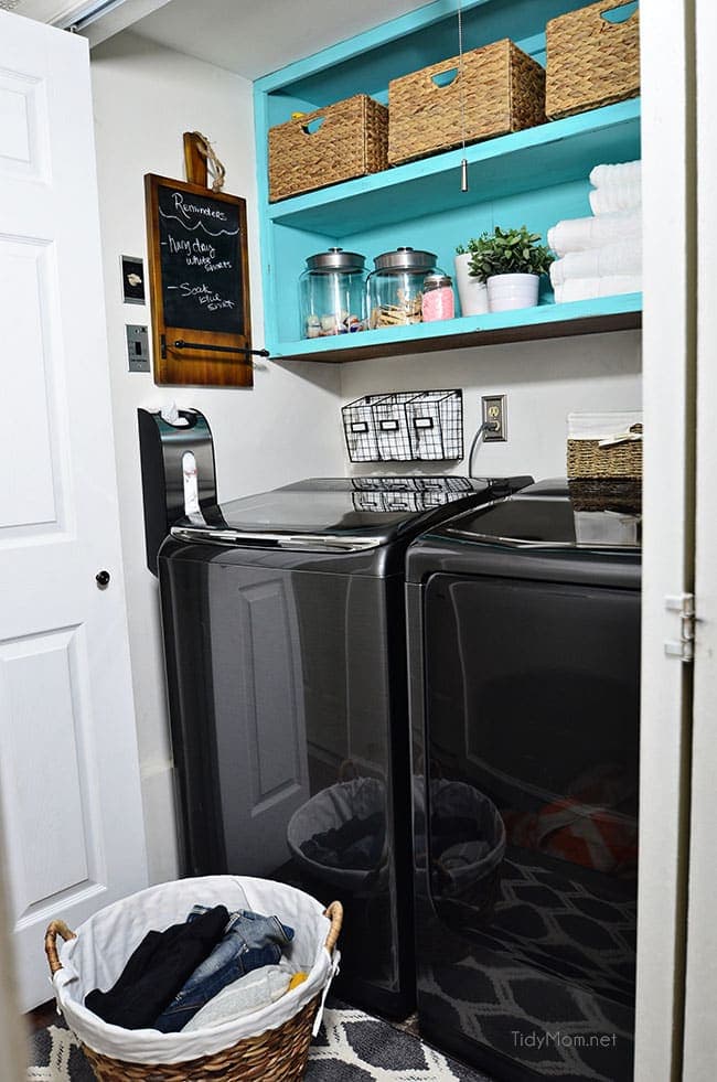 Drab to fab small space laundry makeover! a little fresh paint, organization accessories and Samsung activewash Washer and Dryer give this small laundry closet a fun facelift! A real laundry room with practical ideas at TidyMom.net