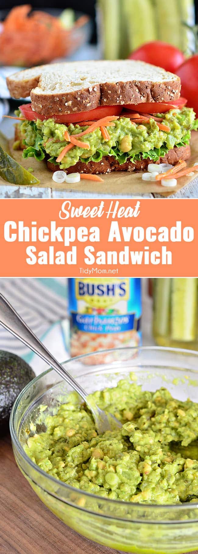 Smashed chickpeas (garbanzo beans) and avocado together make the most delicious sandwich spread! Get this Sweet Heat Chickpea Avocado Salad Sandwich recipe at TidyMom.net